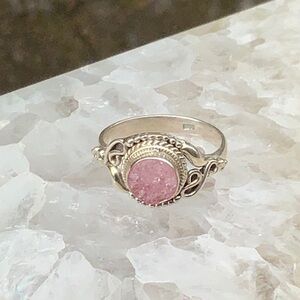 Pink Druzy Crystal Quartz 925 Sterling Silver Ring, Size 7.5